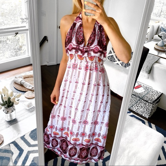 πΊ BOHO FLORAL BURGUNDY RED PINK IVORY SEQUIN OPEN BACK MAXI DRESS! - Picture 5 of 9